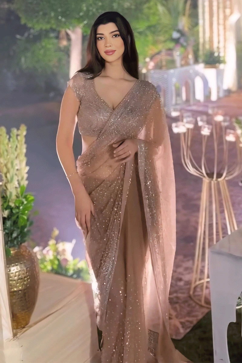 Fashion Best Farewell Dress For Girl Sequence Work Cream Color