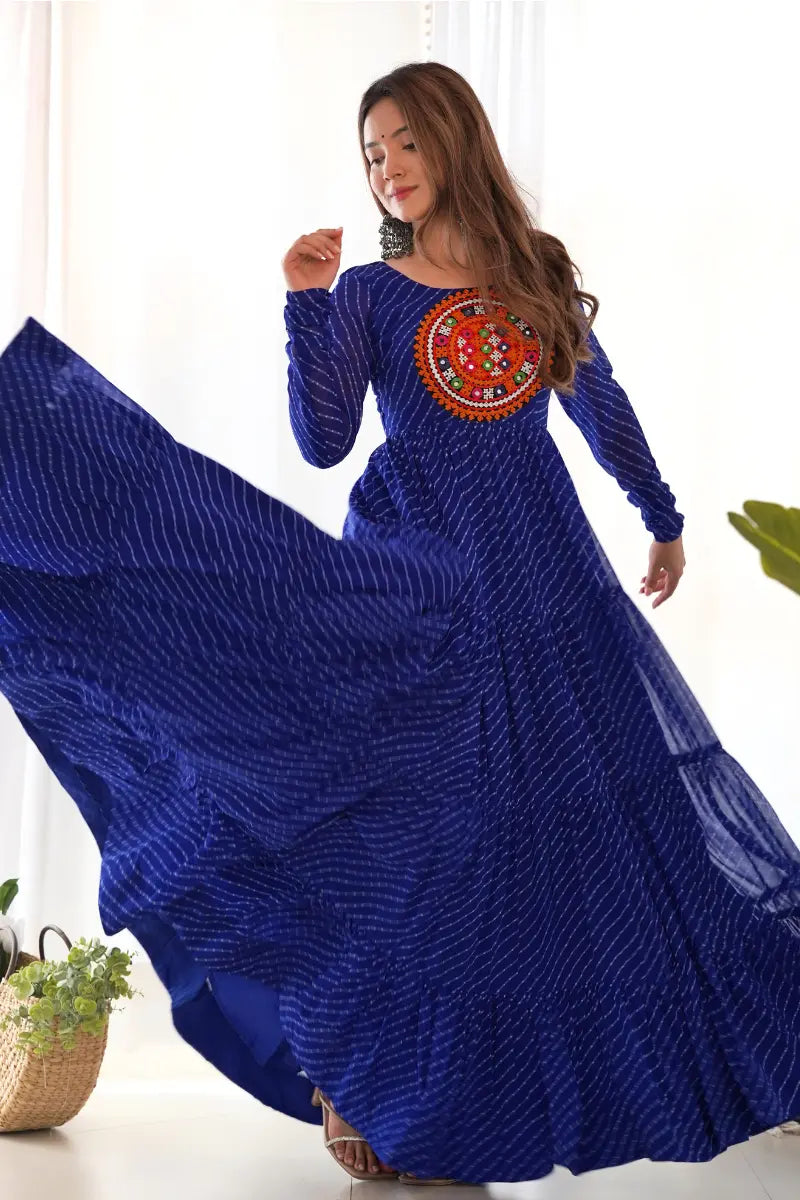 Diwali authentic special flair long one piece gota work blue gown,ethnic navratri garba maslin gown,partywear printed flare gown kurti, wedding gown