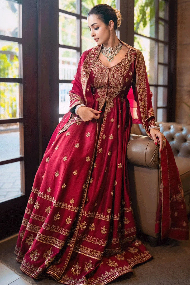 Indian Bollywood Actress Malaika Arora Silk Anarkali Dress - Anaya Designer Studio Dark Red / XXL Indian Bollywood Actress Malaika Arora Silk Anarkali Dress - Anaya Designer Studio Dark Red / XXL