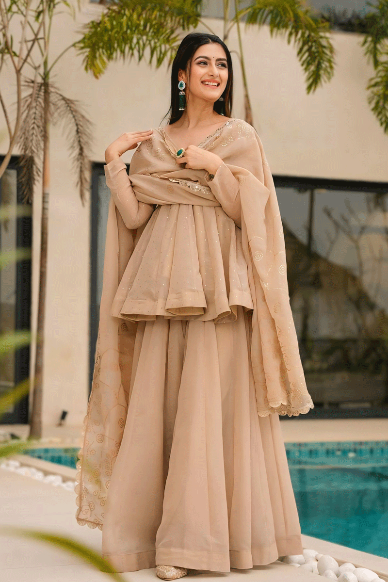 Cream Color Full Sleeve Sharara Suit for Teenage Girl Beige / M