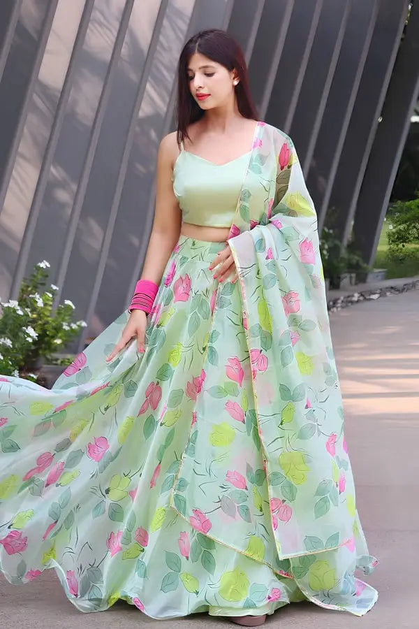 Pista Green Colour Floral Crop Top Lehenga For Teenage Girl - Anaya Designer Studio Pista Green Colour Floral Crop Top Lehenga For Teenage Girl - Anaya Designer Studio