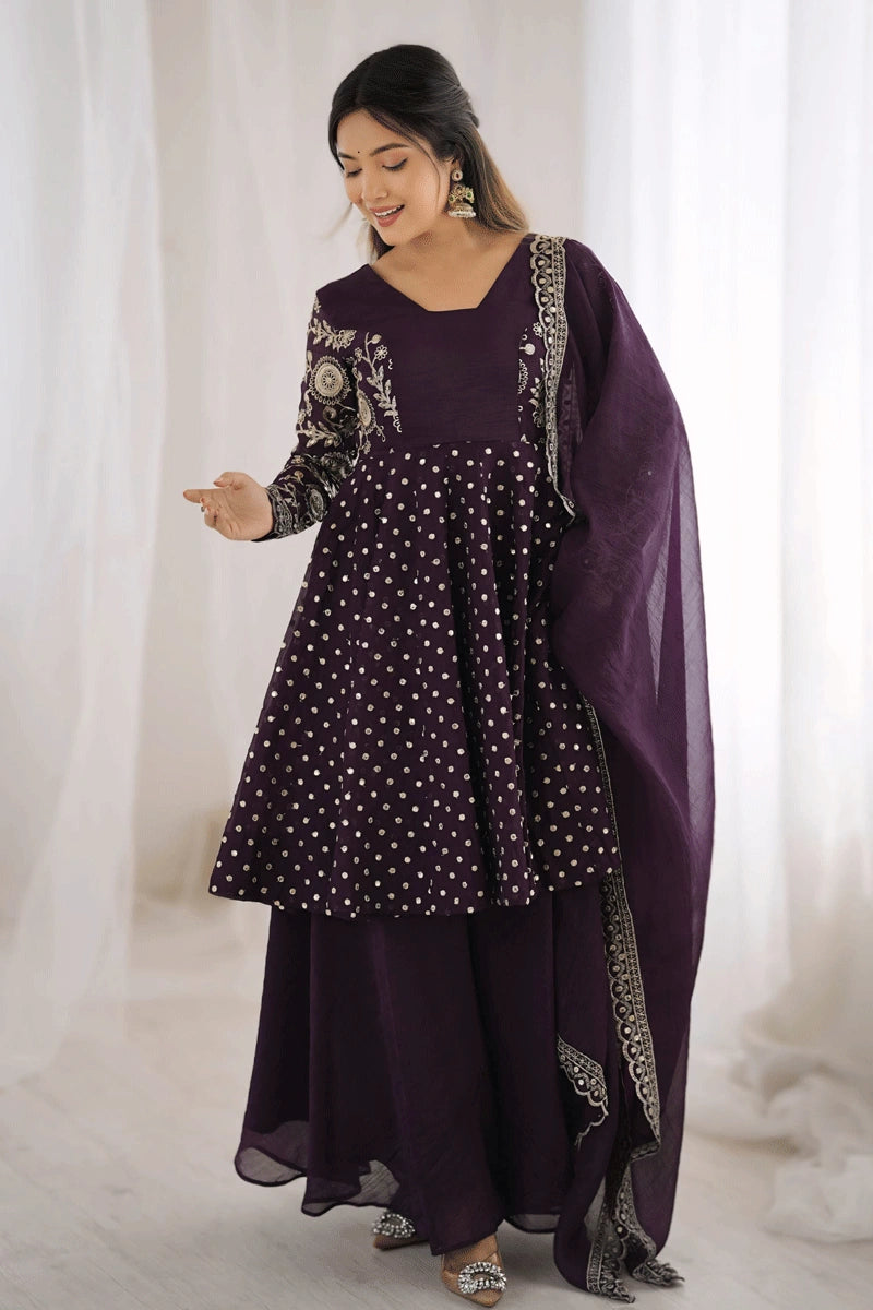Plum Purple Sharara Suit with Embroidered Kurta & Dupatta Purple / XL