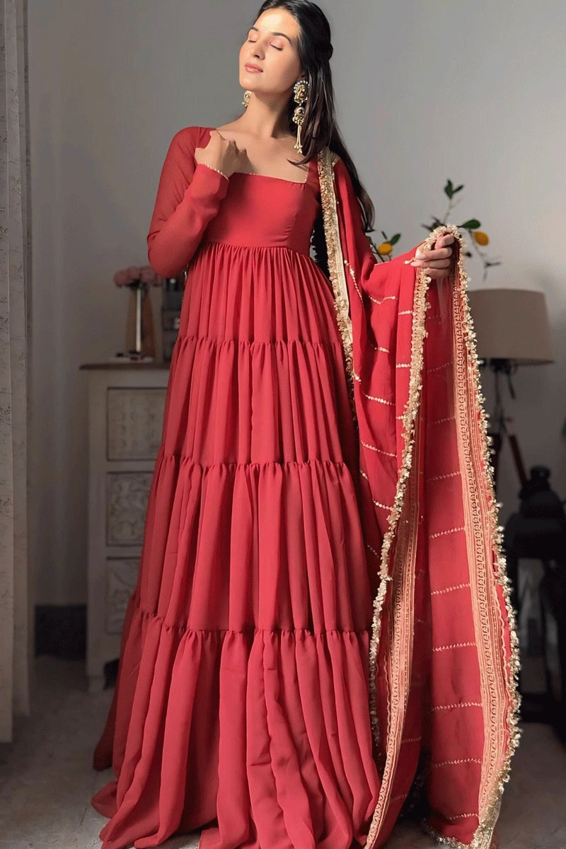 designer red anarkali dresses Red Designer Roman Silk Anarkali Suit Set with Heavy Multi E