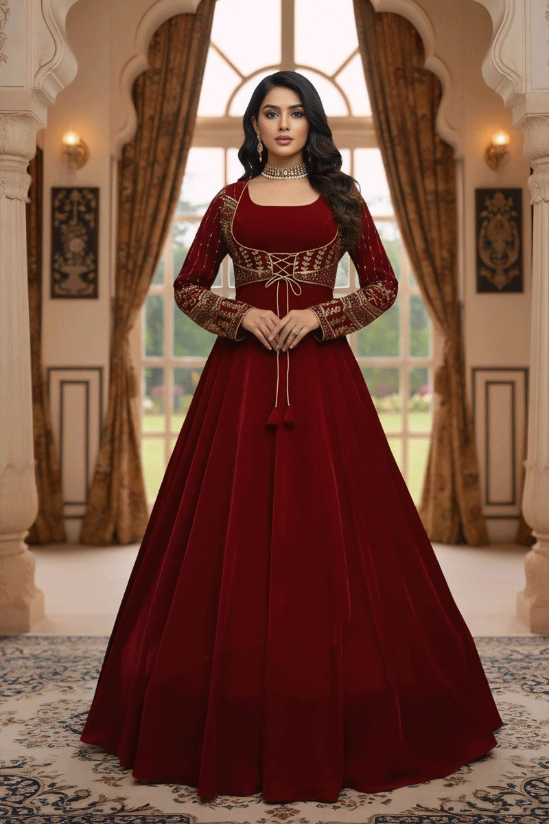 strapless open back dress Crimson Red Designer Embroidered Anarkali Gown Dress – variyav main image 1