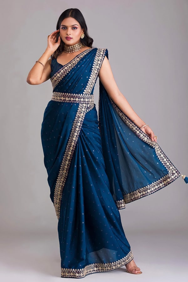 Designer Silk Saree With Belt For Women - Main Image
