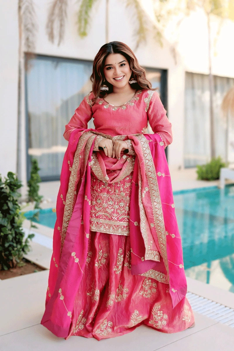 designer sharara dress Festive Wear Pink Embroidery Work Suit For Gen Z Girl 24 Size:Onesize (S/M) Neutral Mother of the Sharara suit and more