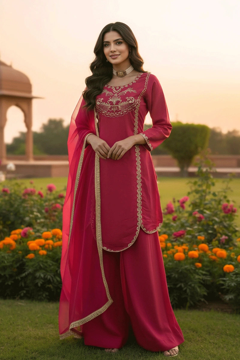 Designer Embroidery Work Sharara Suit for Sister Engagement - Anaya Designer Studio Pink / L