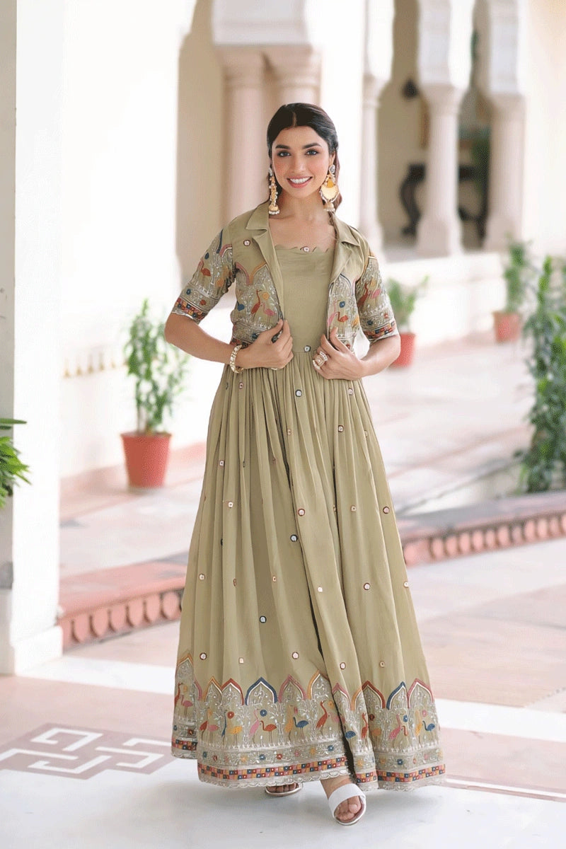 Designer Long Anarkali Gown With Jacket Style Koti For Girl - Anaya Designer Studio Chikoo / M Designer Long Anarkali Gown With Jacket Style Koti For Girl - Anaya Designer Studio Chikoo / M