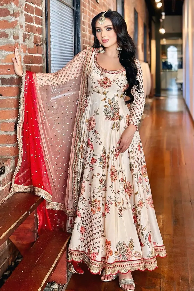 Flower print long simple gown for rakhi 2024