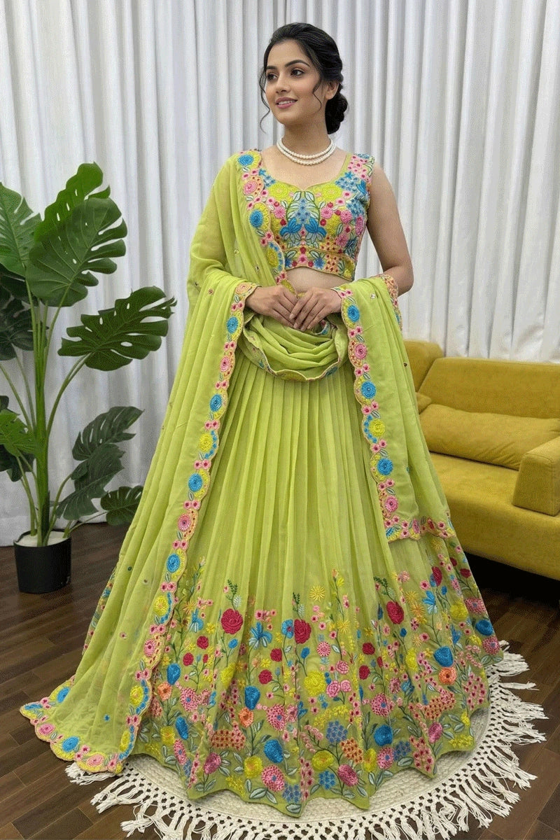 Organza Silk Green Lehenga For Haldi Function