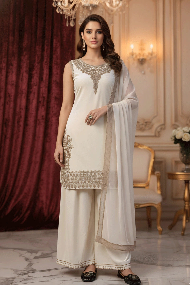 origins dresses Heavy Velvet Fabric Off-White Sharara Suit For Reception Party