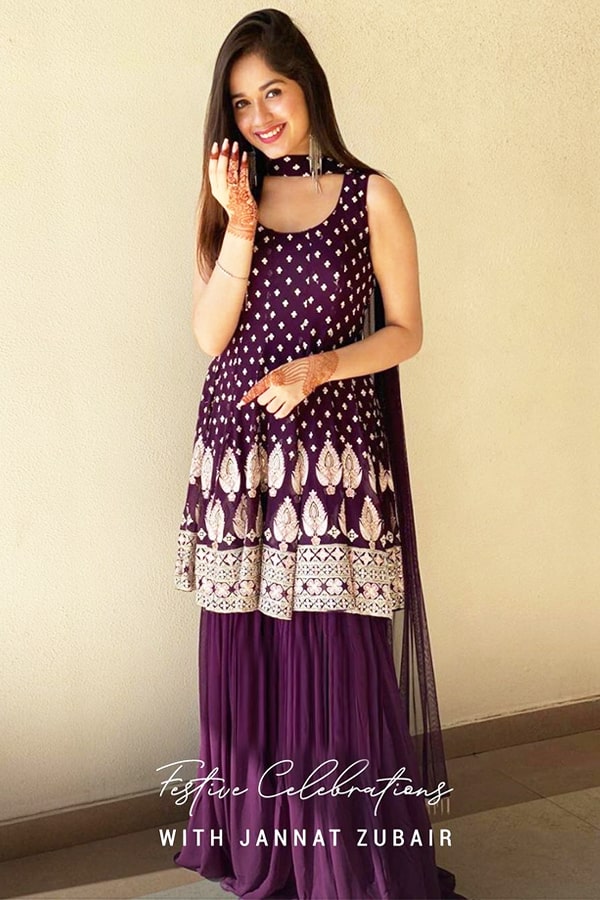 Jannat zubair in purple dress peplum Suit Online 2021