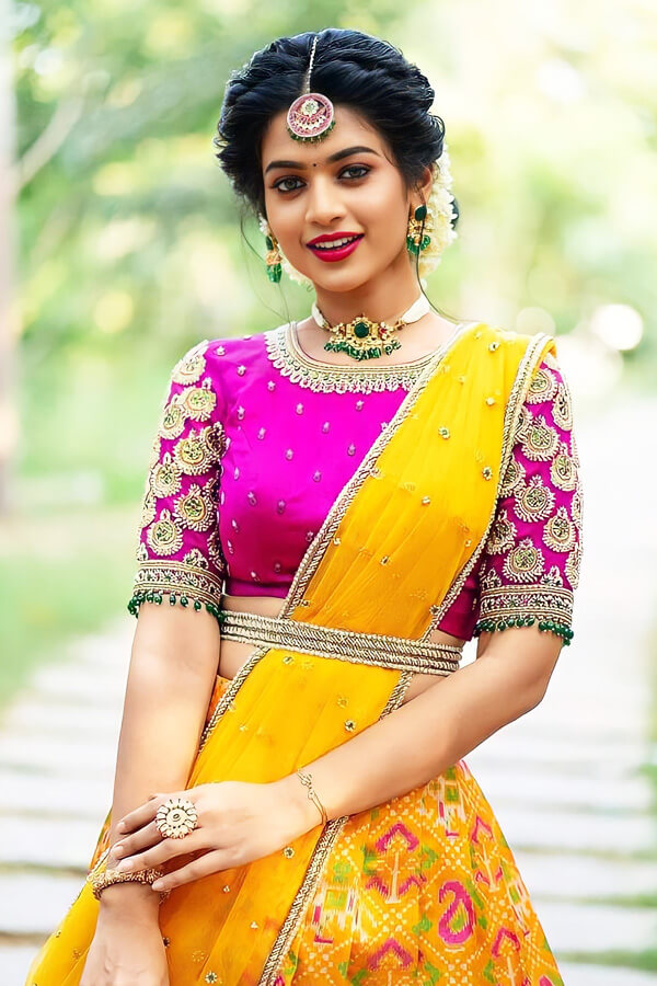 Latest Yellow And Pink Half Saree For Haldi Ceremony Anaya