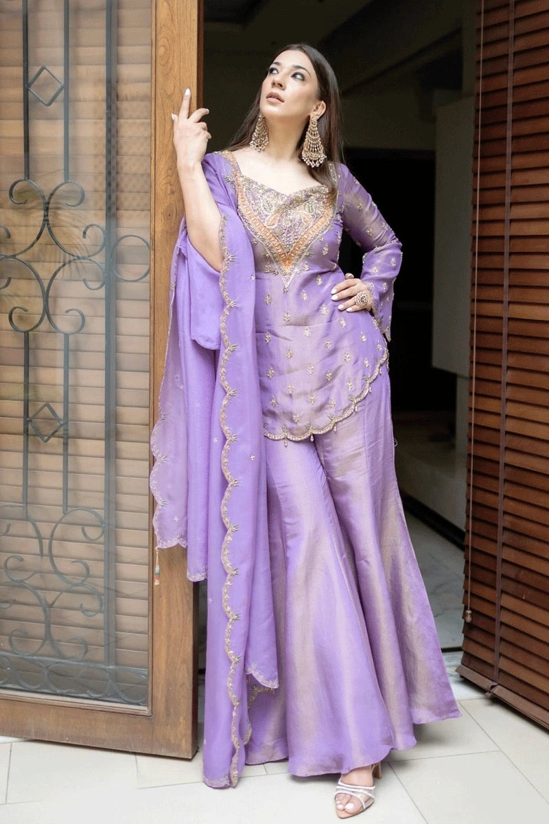 strapless open back dress Zarqa Designer Partywear Sharara Suit Purple / XXL