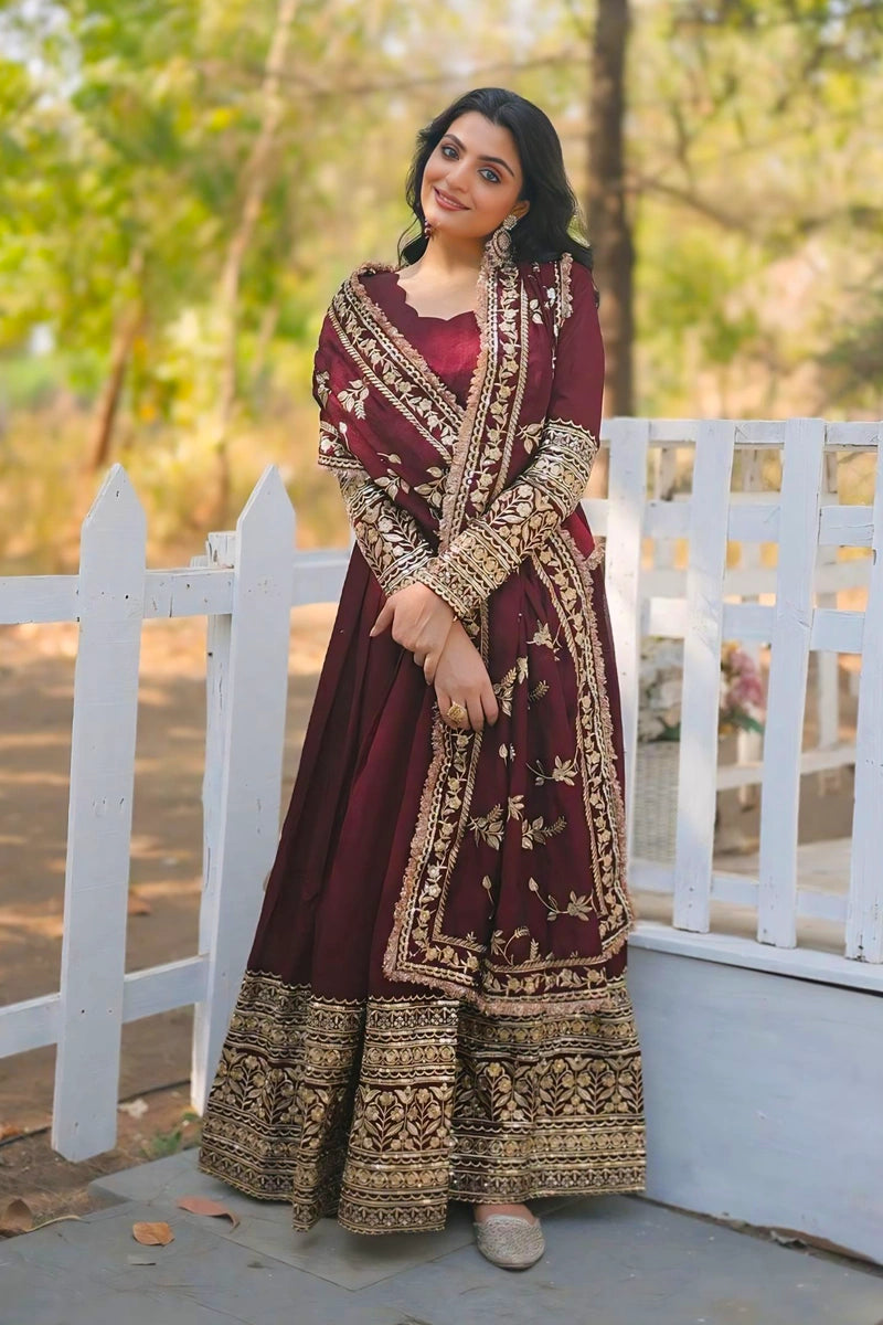 Traditional Maroon Gown With Golden Embroidery For Wedding - Anaya Designer Studio Traditional Maroon Gown With Golden Embroidery For Wedding - Anaya Designer Studio