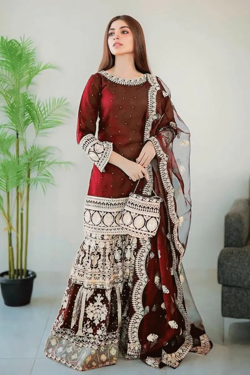 Maroon Sharara Suit Set Collection Online Shopping 2024