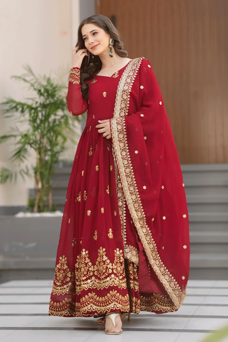 Full Sleeves Maroon Color Anarkali Gown For Teenage Girl