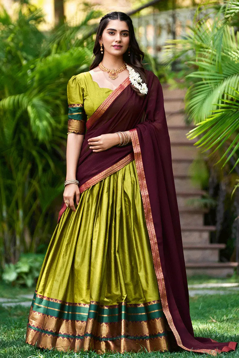 Half Saree Draping Ghagra Saree Dress Olive Green Party Wear