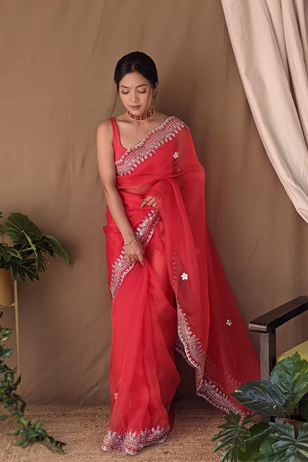 Organza Silk Red Sarees With Embroidery Work - Main Image