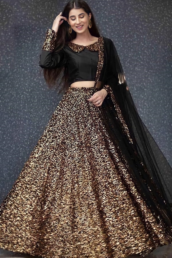 Party wear traditional crop top Golden Lehenga - Main Image