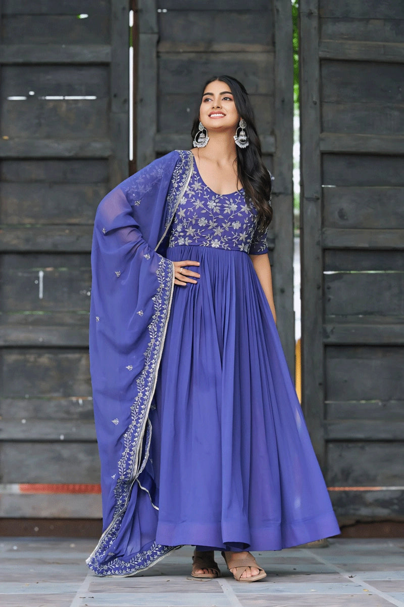 strapless open back dress Purple Color Half Sleeves Anarkali Gown for Puja Wear