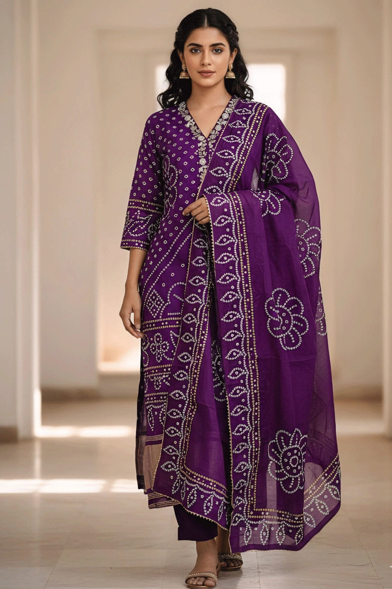 Bandhani Print Purple Color Dress for Durga Pooja