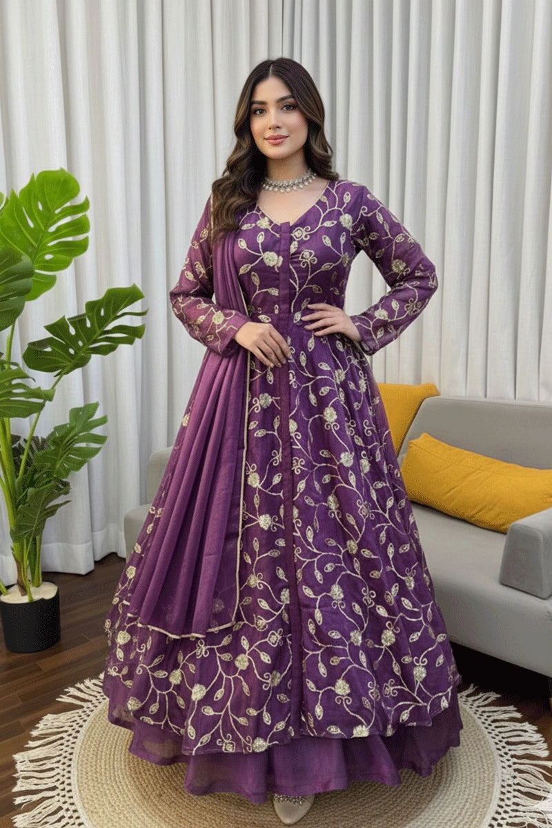 purple designer dress Designer Purple Color Gown With Lehenga Set For Gen Z Girl