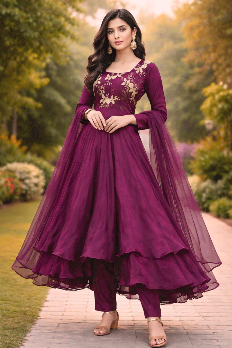 strapless open back dress Party Wear Embroidery Work Purple Color Gown