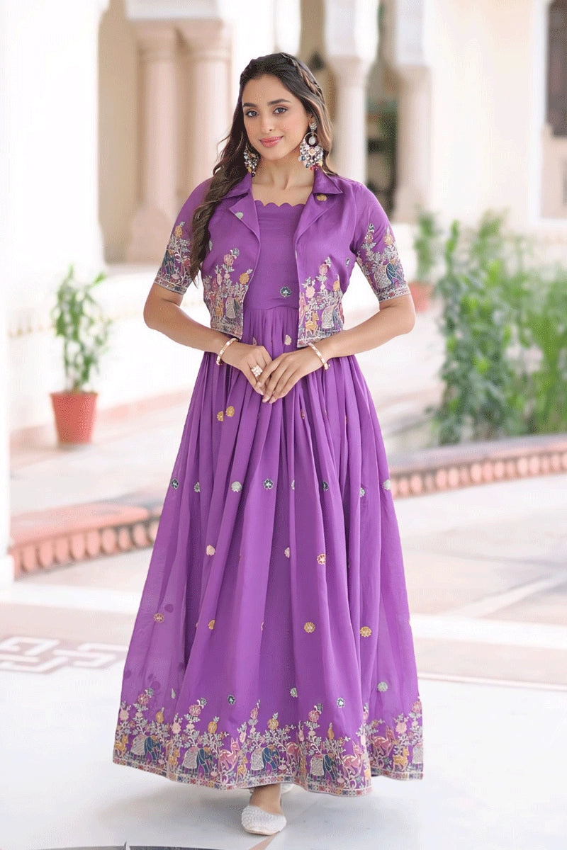Festive Wear Purple Anarkali Gown With Half Sleeves Koti