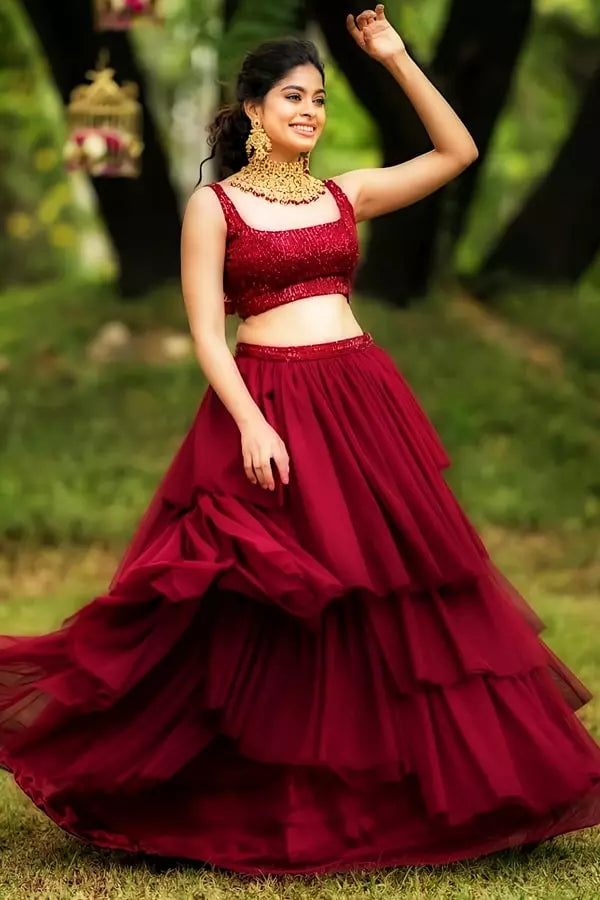 Red Color Ruffle Lehenga with Crop Top Blouse Design