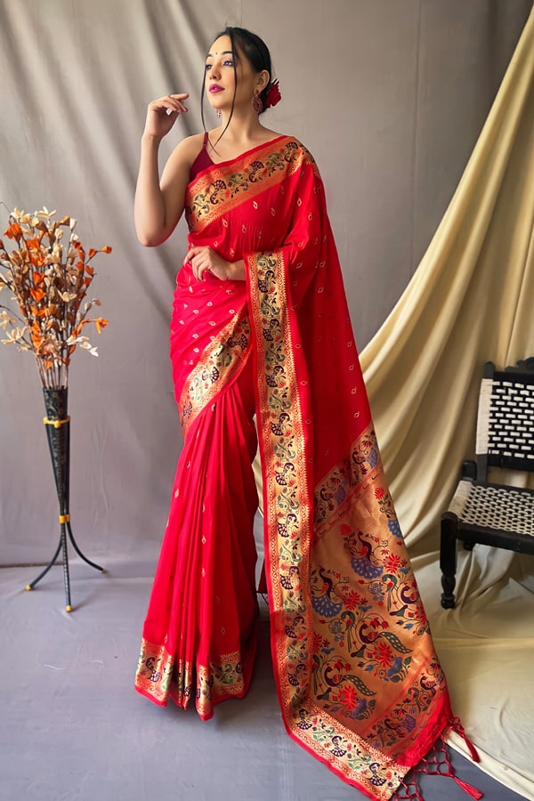 Bridal Saree Karwa Chauth Saree Style Red Paithani Saree For Karwa