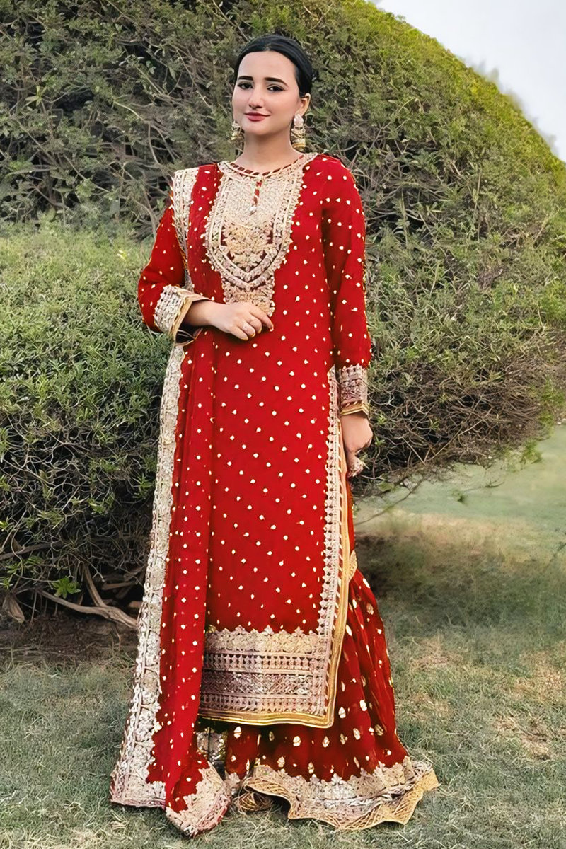 Embroidery Work Red Sharara Suit For Wedding