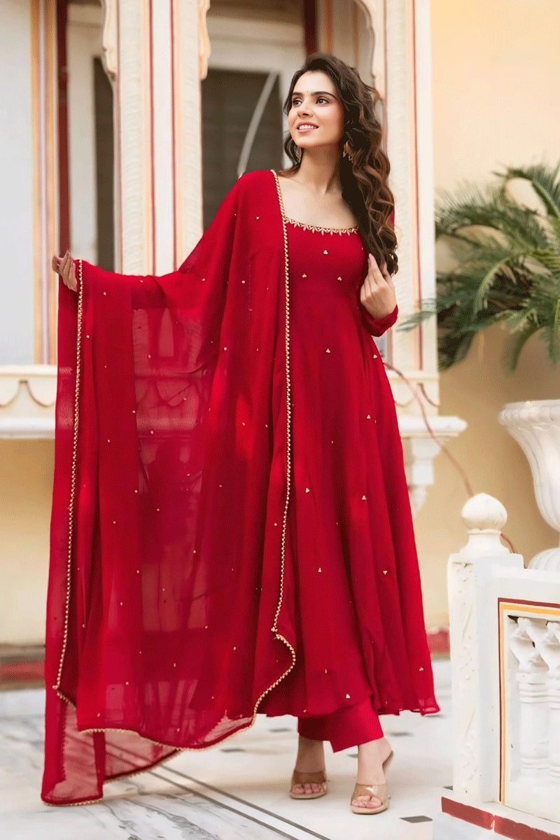 fitted lace wedding dress Heavy Flair Red Real Diamond Work Anarkali Suit For Wedding
