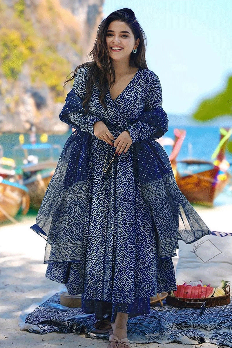 Royal Blue Color Bandhani Print Anarkali Suit For Girl