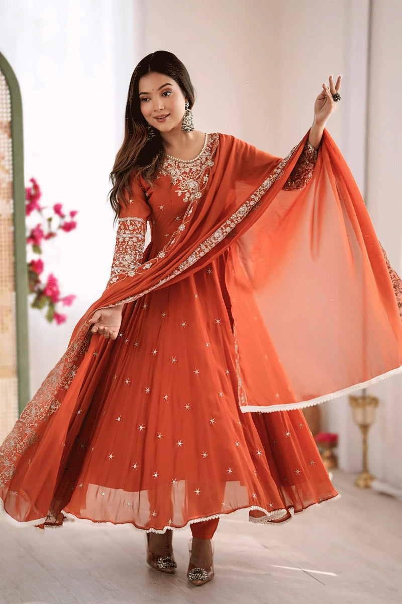 Long Sleeves Embroidery Work Anarkali Dress For Wedding - Anaya Designer Studio Orange / XXL Long Sleeves Embroidery Work Anarkali Dress For Wedding - Anaya Designer Studio Orange / XXL