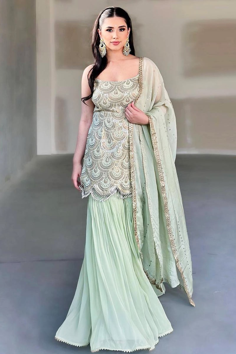 pastel green pakistani dress Buy Embroidered Georgette Pakistani Suit in Light Green Online : KCH13834