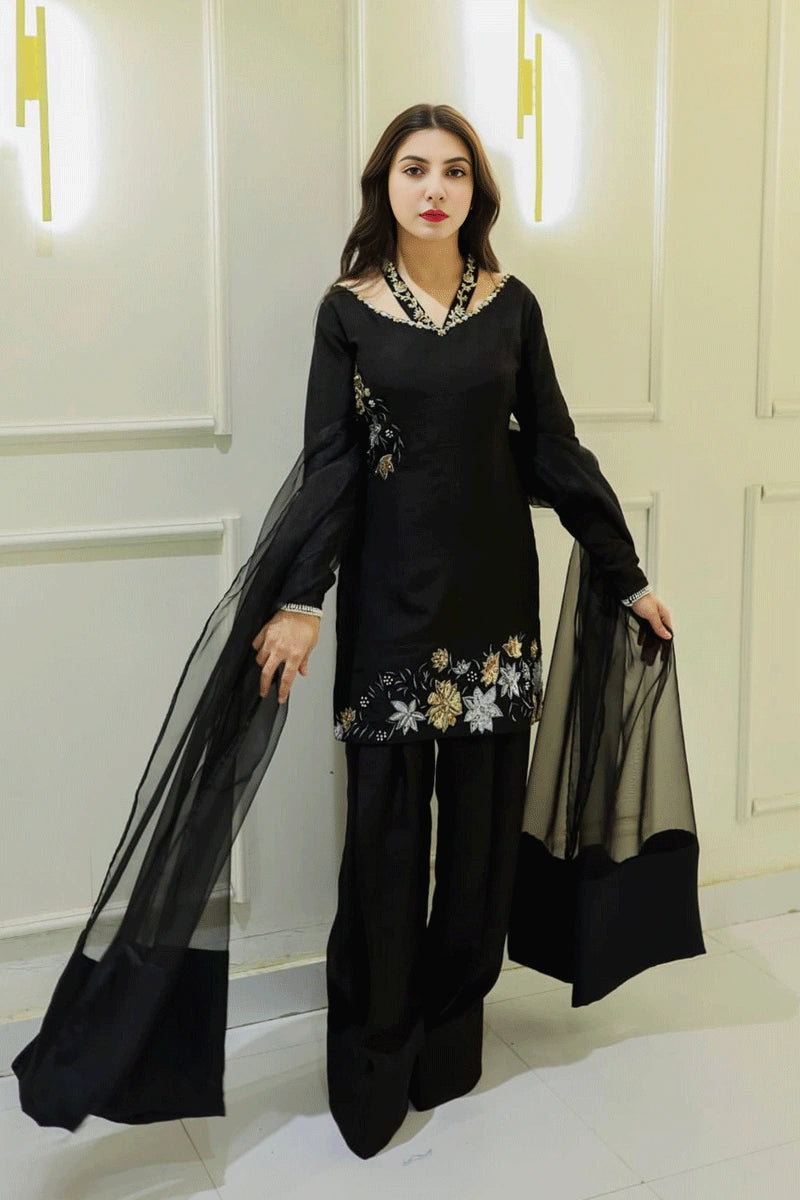 Bollywood Style Black Color Natural Crep Silk With Embrodary Siquance Work Palazzo Suit XL[42]