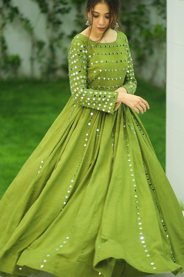 Simple Green mirror work gown Dress 2021