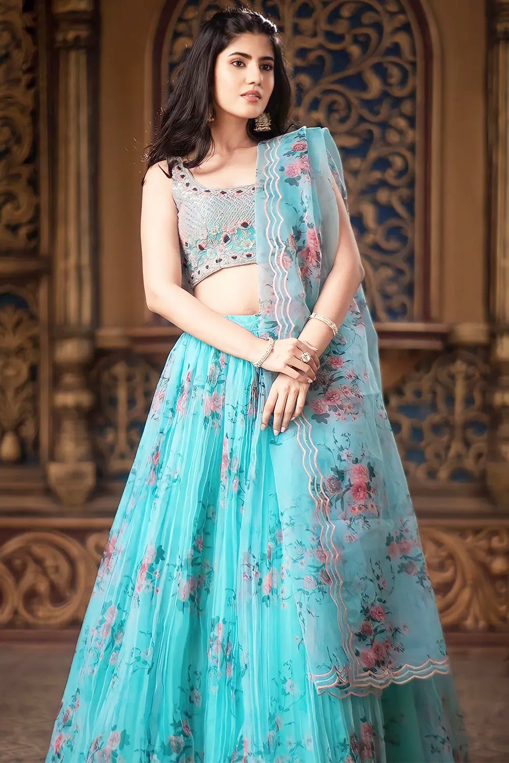 Organza Lahanga Choli with Dupatta Traditional Indian Blue and Link Floral buying Print Ghagra Blouse Skirt Top Designer Bridal Bridesmaid Lehenga