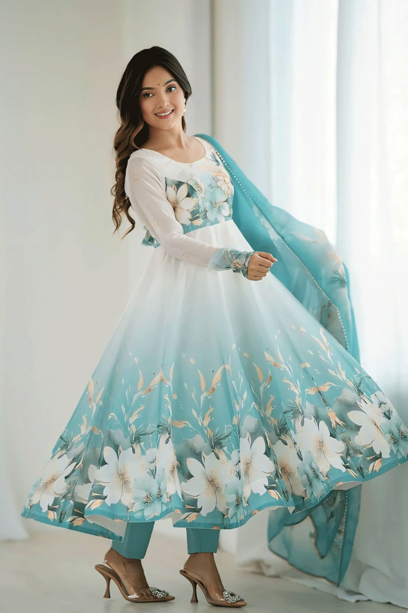 strapless open back dress Party Wear Sky Color Silk Fabric Anarkali Dress for Gen Z Girl