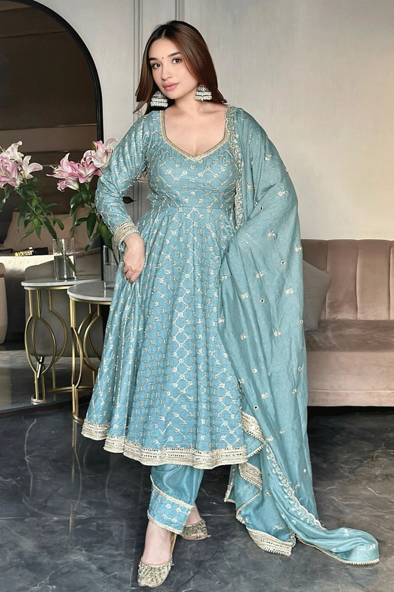 navy blue dress for baby girl Buy Ice Blue Sequence Embroidery Slit Style Anarkali Pant Suit Online