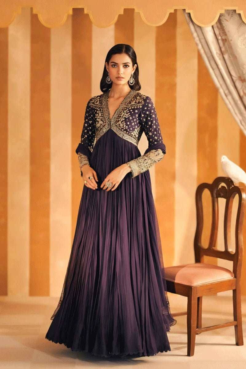 Designer Long Sleeves Anarkali Suit for Wedding - Anaya Designer Studio Purple / M