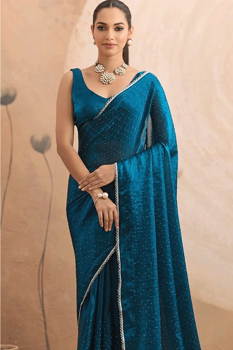 Beautiful Teal Color Party Wear Saree