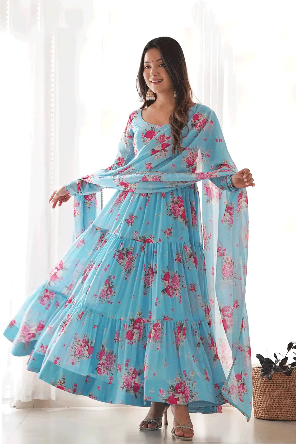 Three Layer Floral Print Ruffle Gown Designs