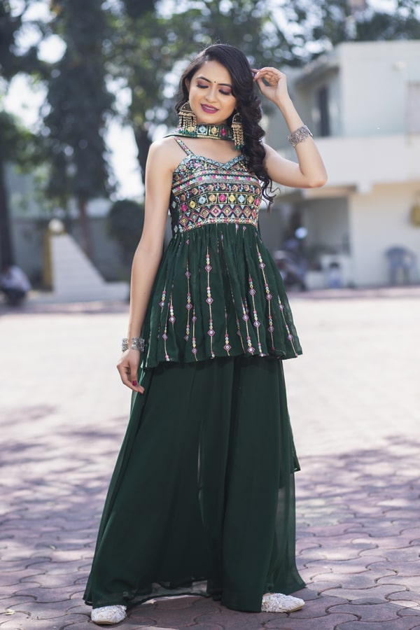 Green Color Designer Sharara Dress For Girls - Main Image