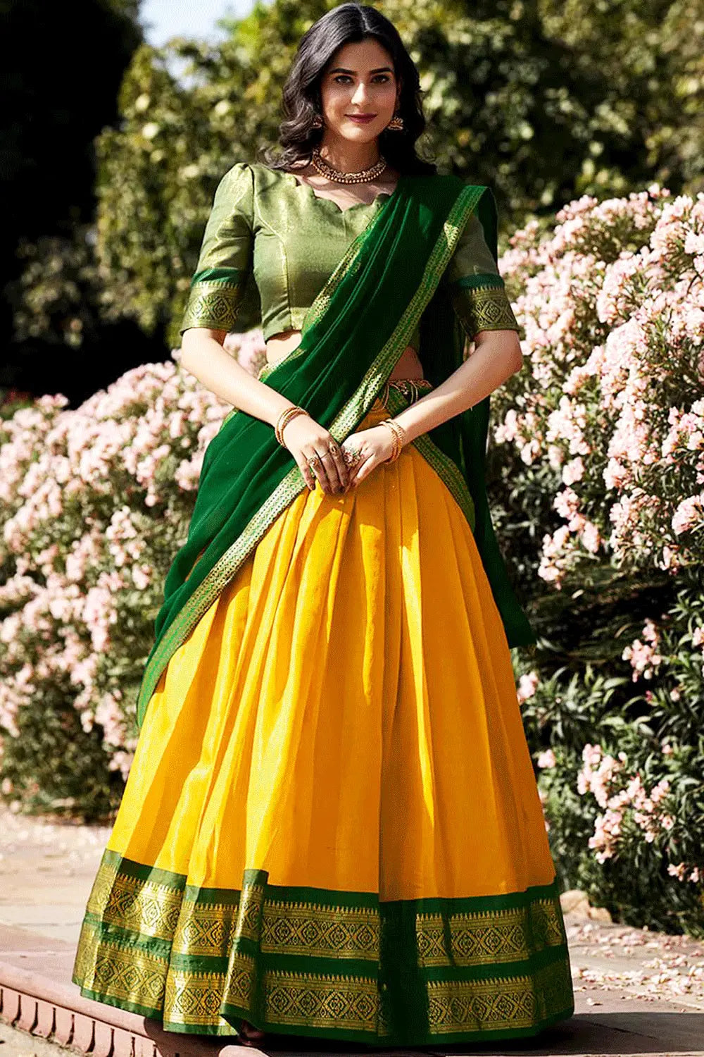 Yellow And Green Half Saree Online Shopping 2024