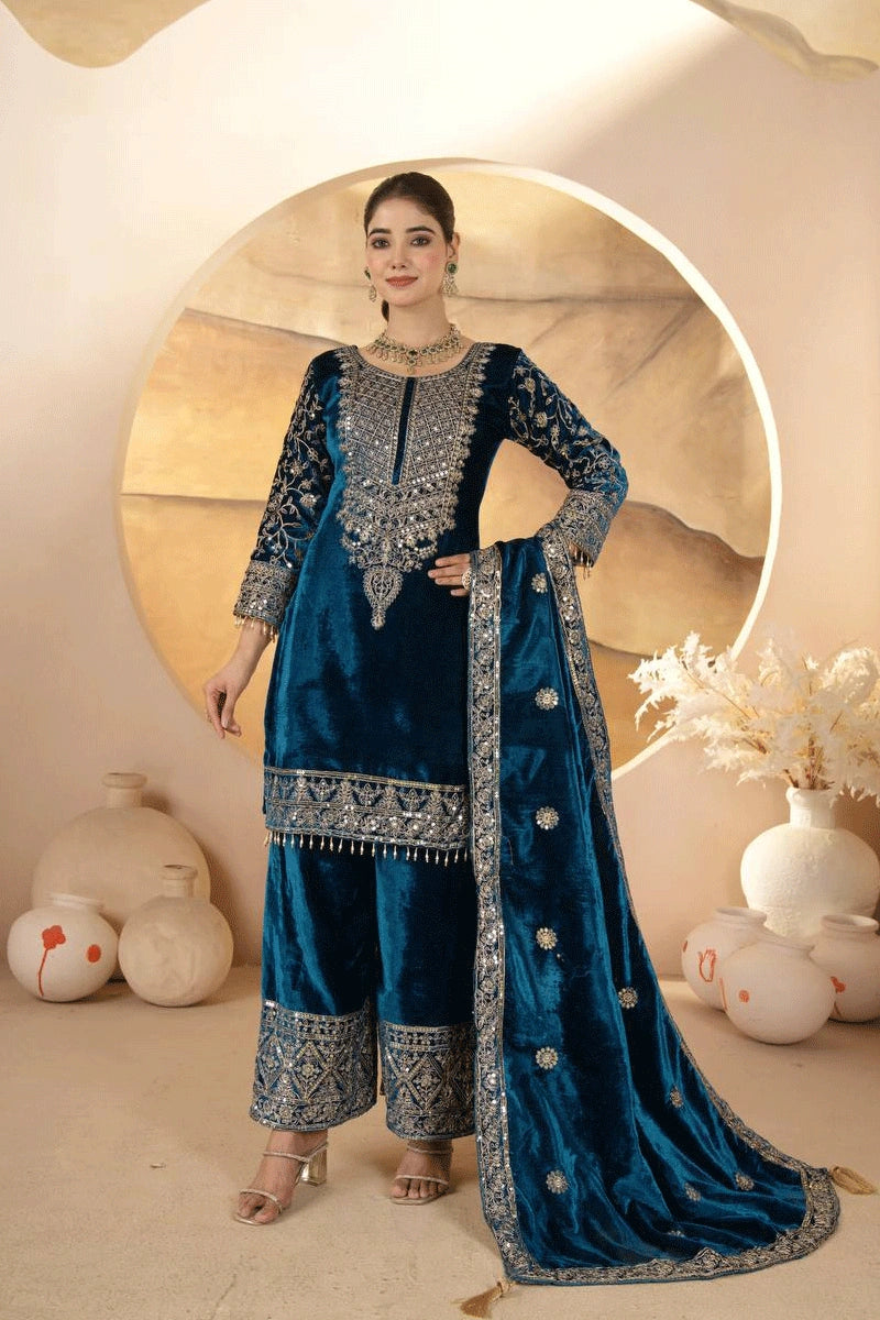 Teal Blue Heavy Velvet Embroidered Suit with Dupatta XL