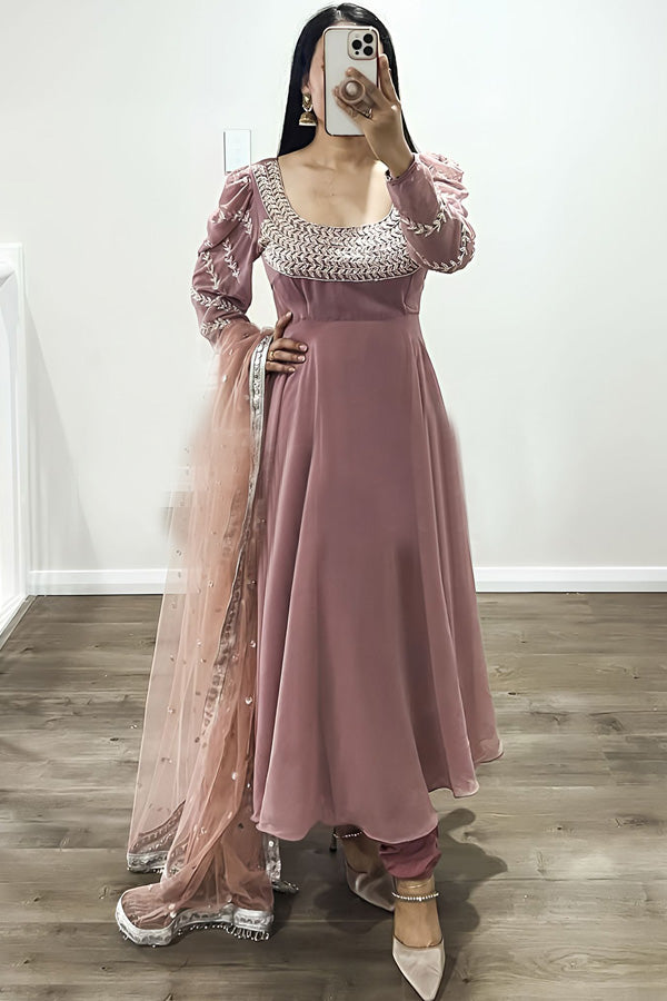 Long Gown With Dupatta Peach Color Party Wear Gown Peach Color