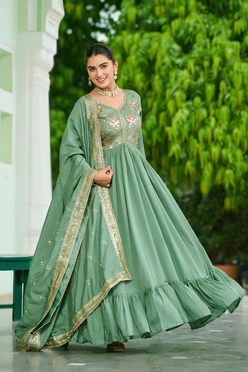 Anarkali Gown Party Wear Dresses In Green Colour Glorious Green Radiance Georgette Embroidered Anarkali Set Anarkali Gown Party Wear Dresses In Green Colour Glorious Green Radiance Georgette Embroidered Anarkali Set
