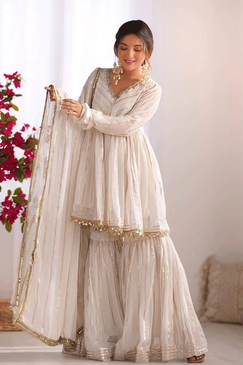 long sleeve sharara dress Long Sleeves White Real Mirror Work Sharara Suit For Gen Z Girl